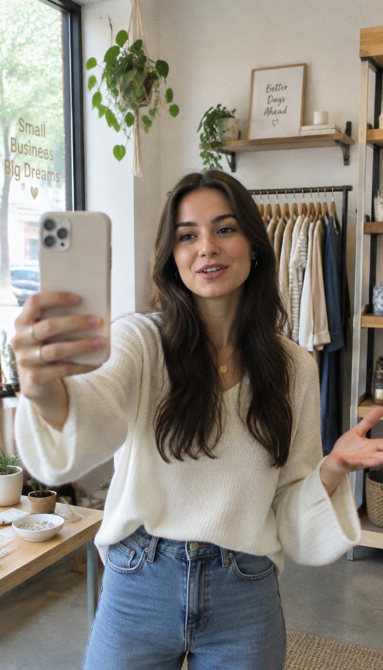 Criadora a gravar um Reel com smartphone numa loja